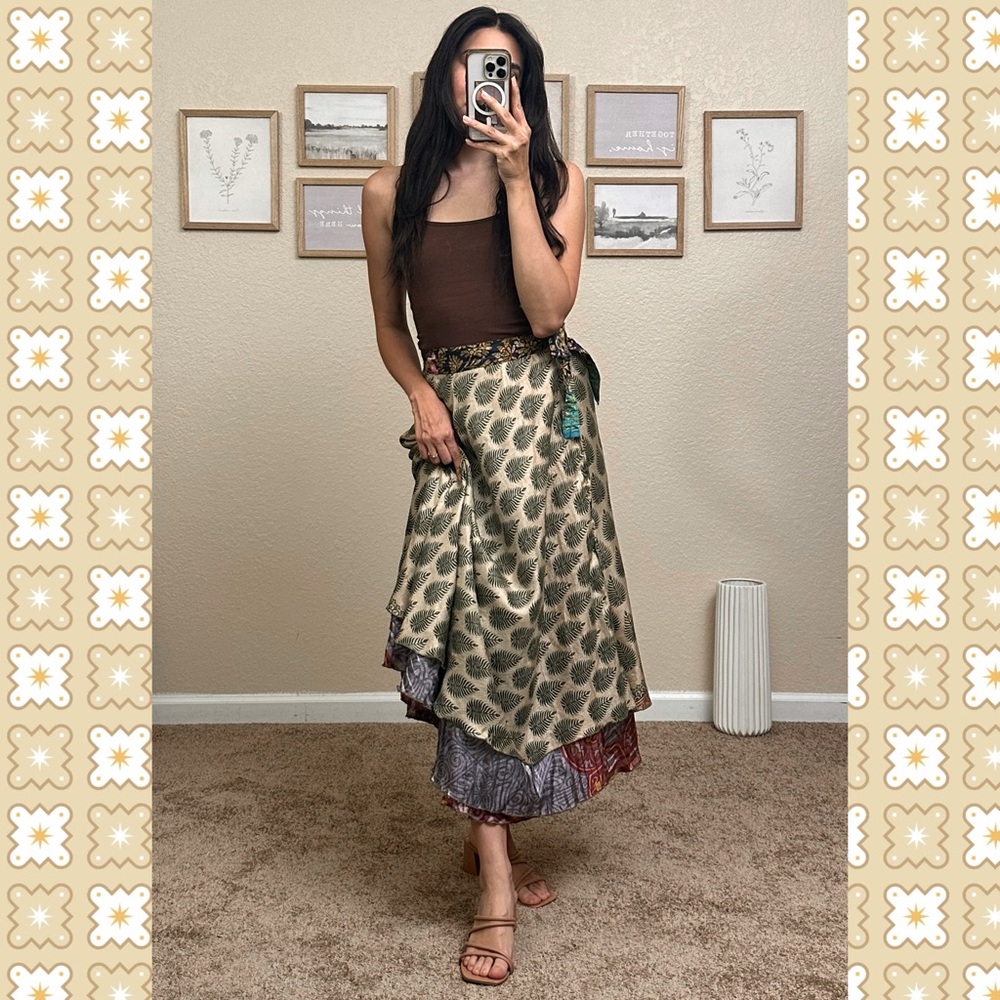 Reversible Layered Wrap Skirt in Olive and Cream / Blue and Red